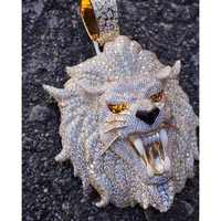 Pendentif Tête de Lion Moissanite Iced Out Plaqué Or Argent 925 Breloque Collier Hip Hop Unisexe pour Fête