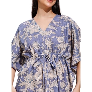 Robe kaftan pour femmes, imprimée, en coton, col en V, longueur genoux, robe de nuit - Product Image 3
