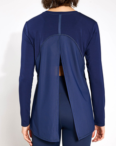 Lightweight Women's Navy Blue Crew Neck Long Sleeve Yoga <b>Top</b> Open <b>Back</b> Breathable Stretch Solid Color Skinny <b>Low</b> Cost - Product Image 2