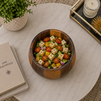 Bol de service en bois de manguier rayé de qualité supérieure, fait main, naturel, pour salade, fruits, collations, style rustique, pour cuisine, table à manger, sans BPA, pour fêtes