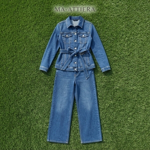 <b>Women</b> Summer <b>Blue</b> Washed Denim Belted Jacket and Wide Leg <b>Jeans</b> Set Casual Two Piece Matching Denim Outfit Streetwear Fashion - Product Image 5