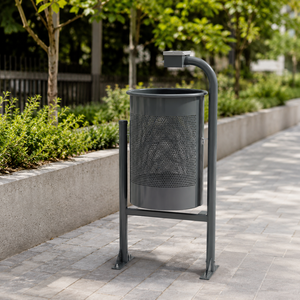 Contenedor de Basura Metálico Perforado Gris para Exteriores con Soporte, Cesto de Residuos Público para Parques y Calles con Cenicero Superior - Product Image 1