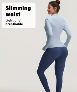 Ensemble 2 pièces sportif bleu clair pour femme, haut zippé à manches longues avec blocs de couleur, leggings assortis à taille marine, tricoté respirant - Product Image 4