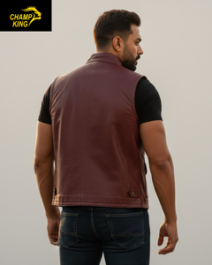 CHAMP KING Gilet moto en cuir pour homme, col montant, couleur unie, veste sans manches pour motard, vêtement d'extérieur d'automne - Product Image 2