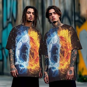 T-shirt imprimé ballon de football Fire Ice pour homme, manches courtes, col rond, décontracté, coupe oversize, style streetwear, en polyester écologique - Product Image 6