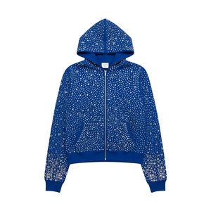 Sweat à capuche zippé oversize glamour avec logo personnalisé, en mélange de coton premium, tricoté uni pour l'hiver, entièrement orné de strass pour homme - Product Image 1