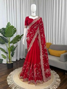 Georgette Viscose Silk Sequence Embroidery Luxury Work <b>Saree</b> <b>Blouse</b> Piece Indian Party Wedding Wear Women's Sari Machine 81523 - Product Image 1
