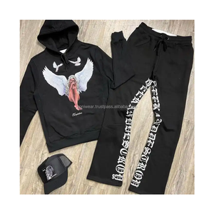 Survêtement pour homme en molleton français d'hiver, pantalon évasé deux pièces, sweat à capuche, grande taille, séchage rapide, coupe-vent - Product Image 4