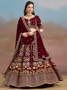 Ensemble Lehenga Choli en Georgette Bourgogne à Manches Trois-Quarts, Broderie Florale Zari Resham, Tenue Traditionnelle pour Femme, Idéal pour Mariage et Fêtes - Product Image 1