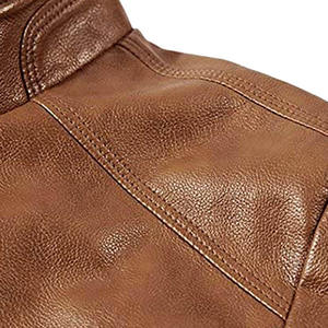 Men's Brown PU Leather Moto <b>Jacket</b> Stand Collar Zipper Closure <b>Slim</b> <b>Fit</b> Regular Sleeve Autumn Wear - Product Image 6