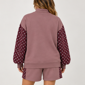 Conjunto de 2 Piezas para Mujer, Color Malva Empolvado, Mangas con Estampado de Lunares, Cuello Simulado, Shorts, Ropa Deportiva Casual Personalizada - Product Image 2