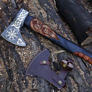 LEGACY BLADES Hacha industrial hecha a mano con espiga plana, hoja de acero de alto carbono, mango de madera grabado, funda de cuero, para exteriores - Product Image 1