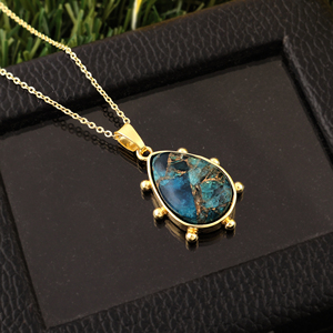 Trendy jewelry mohave copper turquoise teardrop pendant <b>necklace</b> solid brass 18k gold plated beaded designer <b>statement</b> <b>necklace</b> - Product Image 3