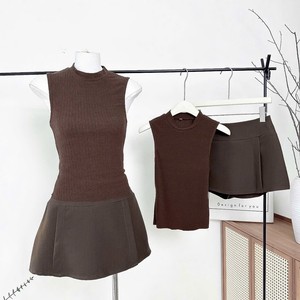Ensemble débardeur côtelé à col roulé et mini-jupe trapèze au-dessus du genou pour femme, coupe décontractée unie en polyester/coton, toutes saisons - Product Image 6