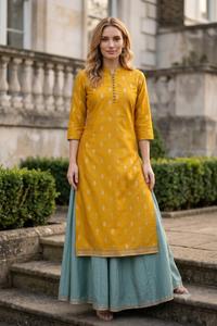 Ensemble Kurta jaune moutarde imprimé et palazzo vert sarcelle pour femme – Tenue ethnique élégante et festive - Product Image 4