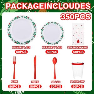 Ensemble de vaisselle de Noël au design exquis Holly, 50 assiettes en plastique, 50 couverts rouges, kits de fournitures de fête jetables pour les occasions festives - Product Image 3