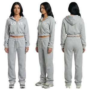 Ensemble de survêtement décontracté pour femme, sweat à capuche zippé gris clair et pantalon de jogging en molleton de coton, deux pièces, style streetwear - Product Image 5