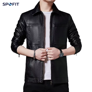เสื้อแจ็คเก็ตหนัง PU สีดำสำหรับผู้ชาย แบรนด์ SPOFIT สไตล์นักขี่มอเตอร์ไซค์ ปิดด้วยซิป คอปกพับได้ ทรงเข้ารูป เหมาะสำหรับใส่ในฤดูใบไม้ร่วง - Product Image 1
