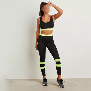 In Black With Green Color Contrast Best Soft Material Yoga Set Stylish Contrast Edge Sports <b>Bra</b> And Full Length Leggings Set - Product Image 1