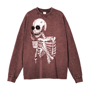 Unisex Purple Crew Neck Long Sleeve Sweatshirt Printed <b>Skeleton</b> Holding Cup Front Loose Fit All Seasons 100% Cotton - Product Image 6