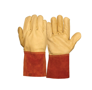 Leather Welding <b>Gloves</b> With Fleece Lining Red Cuff Straight Thumb <b>Type</b> B MIG TIG Use - Product Image 5