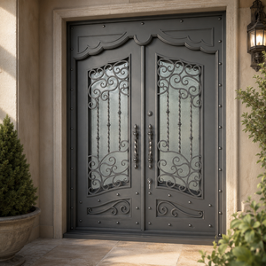 Porte d'entrée double en fer forgé gris avec panneaux en verre et poignées décoratives à motifs pour entrée de villa - Product Image 3