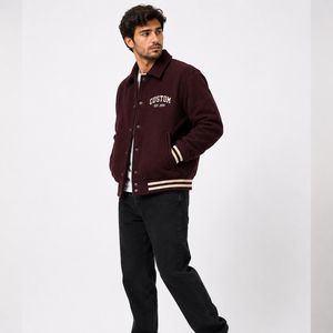Veste en laine unie pour homme, best-seller, style streetwear, avec broderie, manches en cuir, veste de baseball personnalisée, veste universitaire - Product Image 3