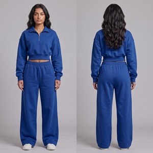 Ensemble 2 pièces pour femme : Sweat-shirt court à quart de zip et pantalon de survêtement large, noir, tenue décontractée, survêtement, logo personnalisé OEM - Product Image 4