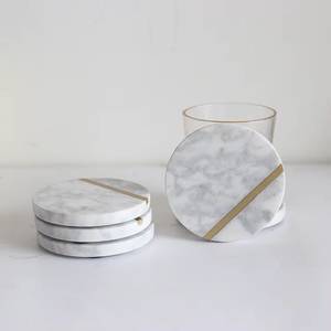Modern Round White Marble <b>Coasters</b> with <b>Gold</b> Metal Holder Non-Slip Stone Mats 6 Mm Thick - Product Image 3