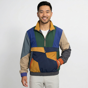 Men's Color Blocking Quarter-Zip Bomber Jacket Casual Windproof Polyester Cotton Blend Autumn Wear - Product Image 1