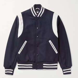 Blouson universitaire homme écologique en laine et cuir, bleu marine à rayures blanches, col montant, fermeture boutonnée, coupe droite, hiver - Product Image 5