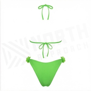 Ensemble bikini vert 2 pièces avec décoration florale 3D, haut halter et bas string, maillot de bain pour femme - Product Image 2