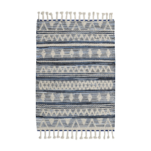 Handwoven 9x12 Blue Beige Flatweave <b>Rug</b> with Raised <b>Tufted</b> Geometric Stripes and Fringe for Hallway - Product Image 3