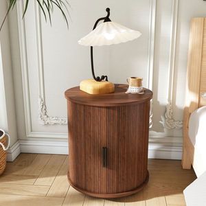 Mid Century Modern 2-Tier Round Nightstand Cylinder End Table with Built-In Charging Station Sliding Door <b>USB</b> <b>Storage</b> Nightstand - Product Image 3