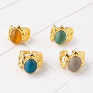 18K Gold Plated Brass Oval Cat's Eye Gemstone Adjustable Ring Vintage Trendy Fashion Jewelry Statement Fancy Ring Gift for her - Product Image 1