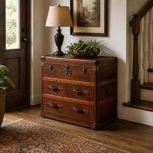 Armoire de rangement vintage en cuir marron, coffre antique en bois, meuble d'appoint pour salon - Product Image 3