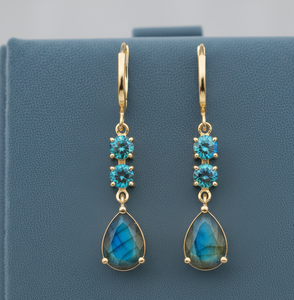 ต่างหูลาบราโดไรต์ดีไซน์เนอร์ประดับบลูโทแพซทรงกลมเงินแท้สำหรับงานปาร์ตี้ ขายส่งเครื่องประดับแฟชั่น - Product Image 1