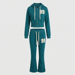 Conjunto Deportivo de Dos Piezas con Sudadera con Cierre para Mujer, Ligero, Ecológico, Transpirable, de Felpa de Algodón de 280g, Resistente al Viento, Estilo Urbano - Product Image 2