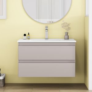 Mobile Bagno Sospeso da 32 Pollici con Doppio Cassetto, Ante Arrotondate, Sistema Soft-Close, Lavabo in Ceramica, Nessun Montaggio Hardware Richiesto - Product Image 6