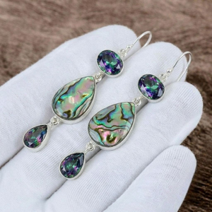 Pendientes Colgantes de Plata de Ley 925 Maciza con Engaste de Bisel, Hechos a Mano con Concha de Abulón y Topacio, Estilo Boho con Gotas de Piedras Preciosas - Product Image 3