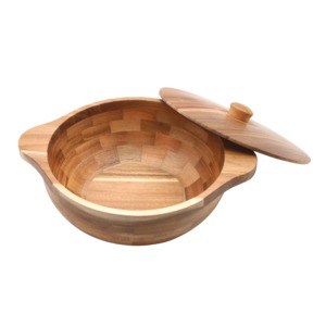 Bol en bois massif artisanal et écologique avec couvercle et poignées, bol de service naturel pour la cuisine et la salle à manger - Product Image 2