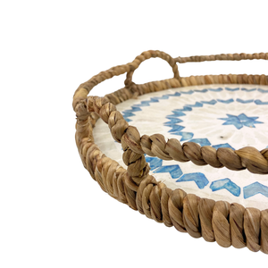 ถาดเสิร์ฟ MDF ทรงกลมทำด้วยมือสุดหรูถาดเสิร์ฟสีน้ำเงินฝังลายเรขาคณิตน้ำผักตบชวาสานของตกแต่งบ้าน - Product Image 3