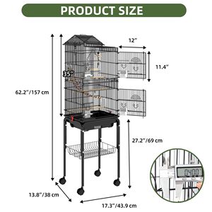 Grande Gabbia per Uccelli in Metallo da 62 Pollici con Supporto su Ruote, Vassoio Estraibile, 3 Posatoi e 4 Mangiatoie - Nera - Product Image 2
