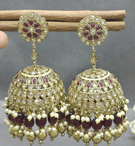 ต่างหูแบบห้อยประดับทับทิม รุ่น Twini Polki Big Jhumki ชุบทองเหลือง สำหรับงานแต่งงาน สไตล์ชาติพันธุ์ สำหรับผู้หญิง - รุ่น 257 A3 - Product Image 1