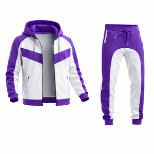 Unisex Purple & White Hooded Tracksuit Set – <b>Zip</b> <b>Up</b> <b>Jacket</b> with Jogger Pants, Slim Fit Casual Sportswear Gym Fitness Outfit - Product Image 3
