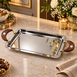 Elegante Bandeja de Servir de Acero Inoxidable con Asa de Madera en Forma de Estrella de Media Luna | Bandeja Rectangular para Té, Aperitivos, Postres, Fiestas y Uso Diario - Product Image 2