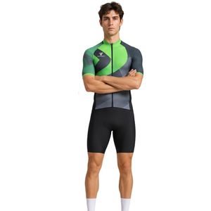 Maillot de Ciclismo de Manga Corta para Hombre, Verde Gris Geométrico, con Cierre Completo, de Alto Rendimiento para Bicicleta de Carretera - Product Image 2