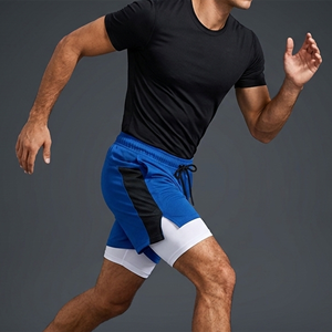 Shorts de sport pour homme bleus à séchage rapide et respirants, taille mi-haute, avec cordon de serrage, bande latérale, couleur unie, logo frontal, longueur Bermuda - Product Image 3