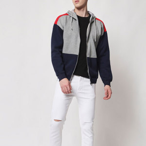 Men's Gray <b>Navy</b> Fleece <b>Sweatshirt</b> Contrast Shoulder Stripe Full Sleeve Drawstring Hood Casual 100% Cotton Anti-Pilling - Product Image 4