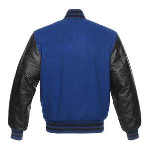 New Royal Blue <b>Wool</b> Black Leather College Bomber Jacket Stand Collar Varsity Letterman High Street Design Front Logo-for Winter - Product Image 3